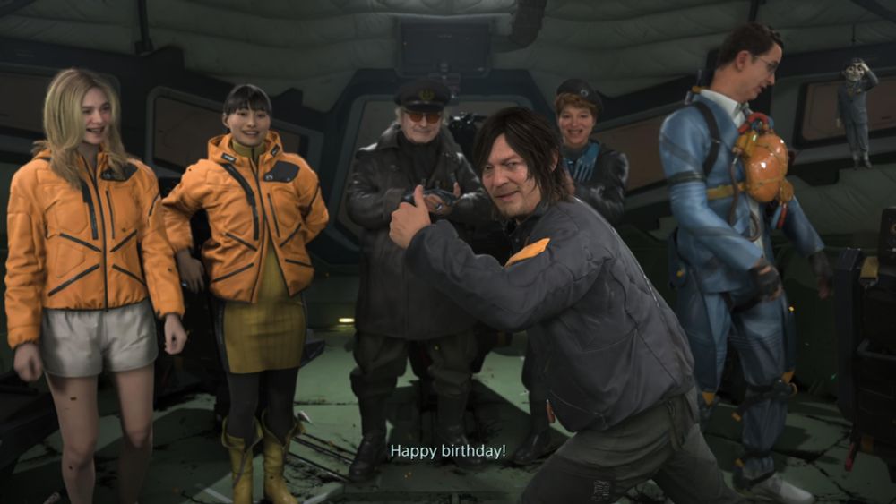 A screenshot of a birthday celebration in Death Stranding 2 