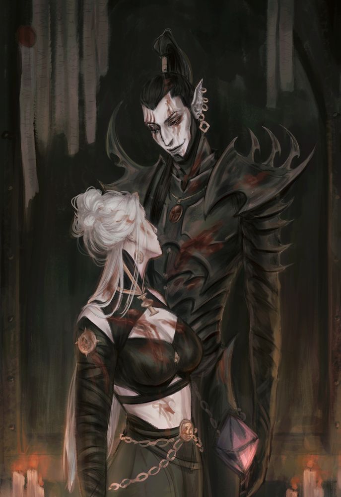Sketchy painting of my Rogue Trader OC Cordelia von Valancius and Marazhai Aezyrraesh. They're looking at each other fondly. There's blood splattered on both of them, candles and purity seals in the dark background.