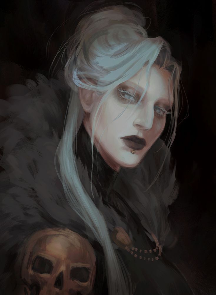 Portrait of my Rogue Trader OC Cordelia von Valancius. She has long white hair, gray eyes and white eyelashes. She's wearing a dark gray fur mantle over her shoulders and gold adornments.