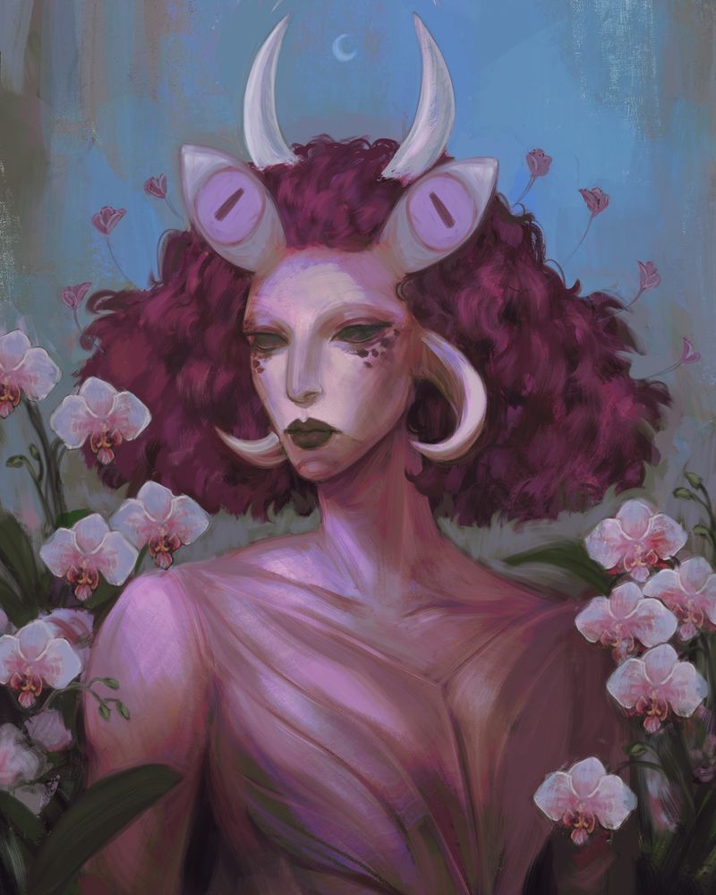 Digital art portrait of a fantasy race of mantis coded people. She has a magenta color scheme going on and is surrounded by orchid flowers.