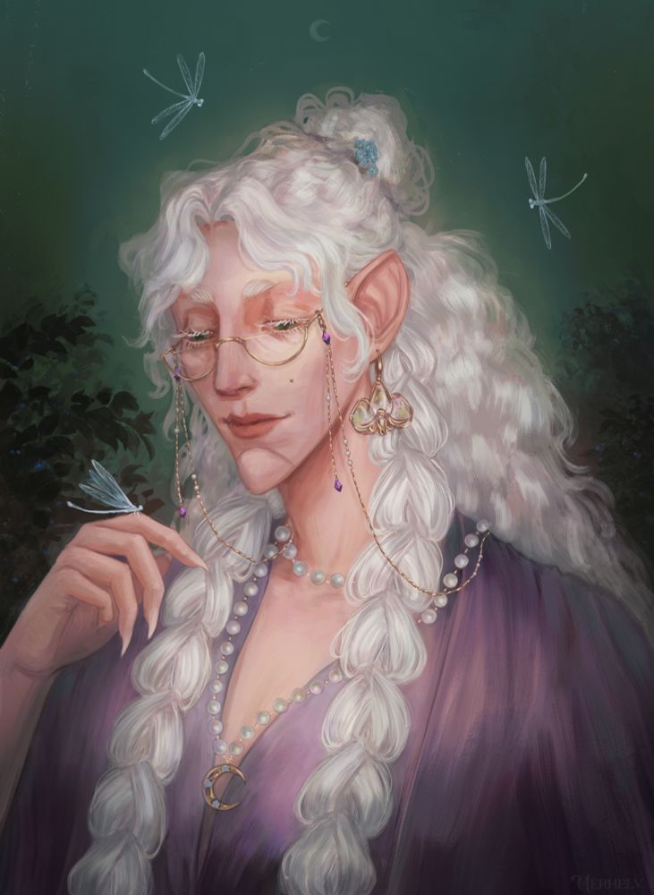 Portrait of an androgynous oc. He has long, curly silver hair styled in a half updo and two front braids. He's wearing glasses, a pearl necklace and an orchid earring. There are three damselflies around him, one landed on his hand.