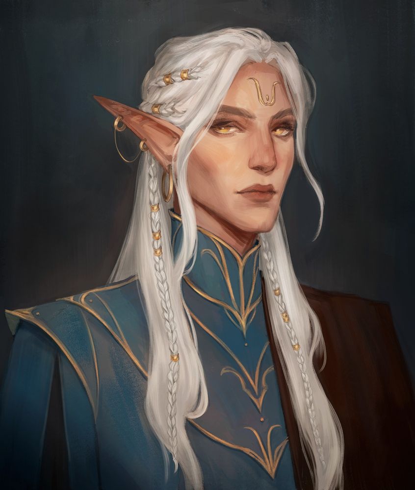 Digital portrait of an elven non-binary elf. They have light blonde silver hair with many braids and golden jewels in it, yellow eyes and they're also wearing some light makeup around the eyes and on the lips. They've wearing a turquoise blue robe with golden accents that show they're of noble descent.