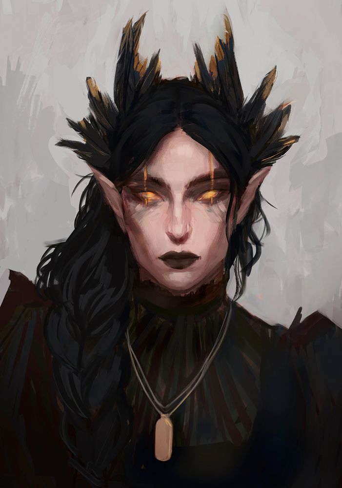 Digital art portrait of my DND fallen aasimar oc Camille. She has long black hair that she wears in a side braid. She has golden eyes and feathers along her head. She's wearing a victorian coded outfit.