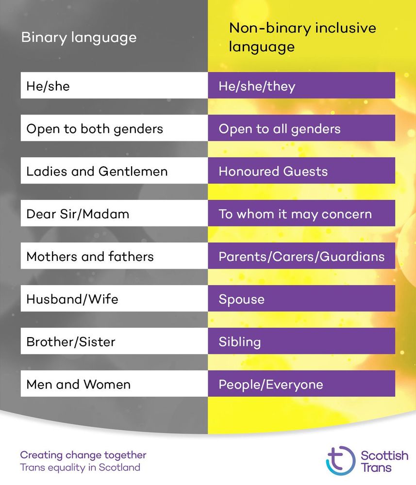 Graphic Split in two sides -
"Binary language" on the left v. "Non-binary inclusive language" on the right.
"He/she" to "He/she/they",
"Open to both genders" to "Open to all genders",
"Ladies and Gentlemen" to "Honoured Guests",
"Dear Sir/Madam" to "To whom it may concern",
"Mothers and fathers" to "Parents/Carers/Guardians", "Husband/Wife" to "Spouse", "Brother/Sister" to "Sibling",
"Men and Women" to "People/Everyone".