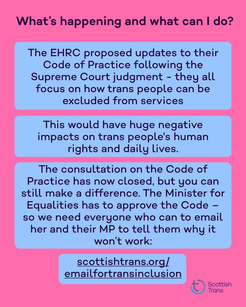 Graphic with a pink background. It says "What's happening and what can I do?" "The EHRC proposed updates to their Code of Practice following the Supreme Court judgment - they all focus on how trans people can be excluded from services

This would have huge negative  impacts on trans people's human  rights and daily lives.

The consultation on the Code of Practice has now closed, but you can still make a difference. The Minister for Equalities has to approve the Code – so we need everyone who can to email her and their MP to tell them why it won’t work: scottishtrans.org/emailfortransinclusion". The Scottish Trans logo is in the bottom right.