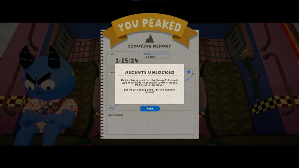 Screenshot of a blue character with demon horns and an angry expression on a helicopter. Text says "YOU PEAKED" "Scouting report. Time 1:15:24. 1920m." "Ascents unlocked: Ready for a greater challenge? Ascents add modifiers that make summiting the PEAK more difficult. Set your Ascent Level at the Airport Kiosk!"