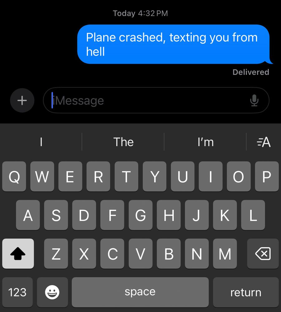 Text message screenshot reading “plane crashed, texting you from hell”