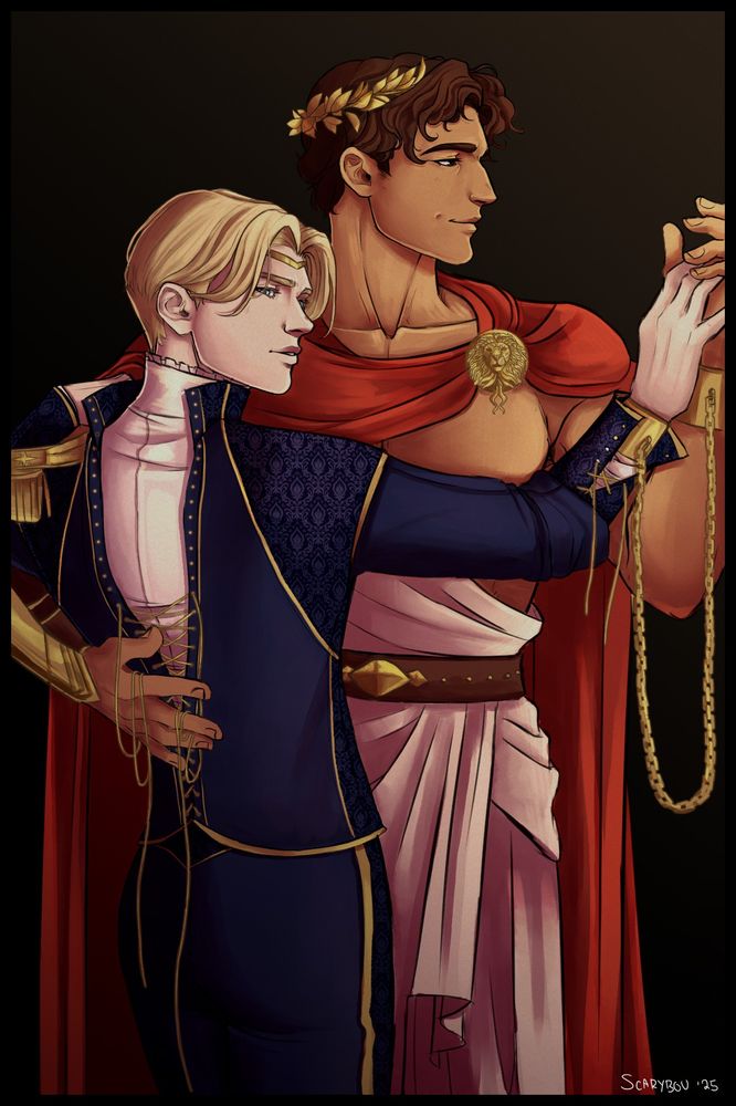 A picture of Damen and Laurent from the Captive Prince series in the style of the arrow shirt collar advertisement by J.C. Leyendecker. Damen has his hand on the small of Laurent's back with unravelling laces from his jacket while their other hands touch, linked together by golden wristcuffs and a chain.