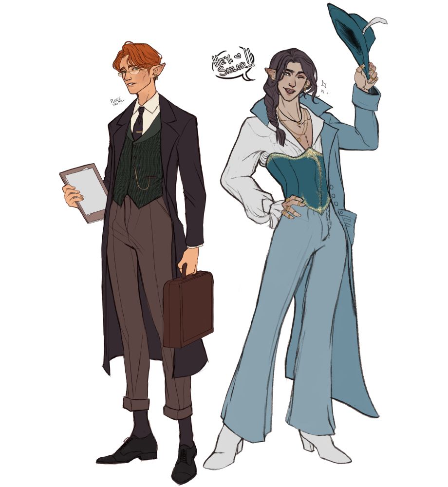 An image of two original characters, Charlemagne on the left and Ament on the right. Ament is winking and tipping a hat while saying, "Hey sailor!" Charlemagne is holding a clipboard in one hand and a briefcase in the other while saying, "Please end me."
