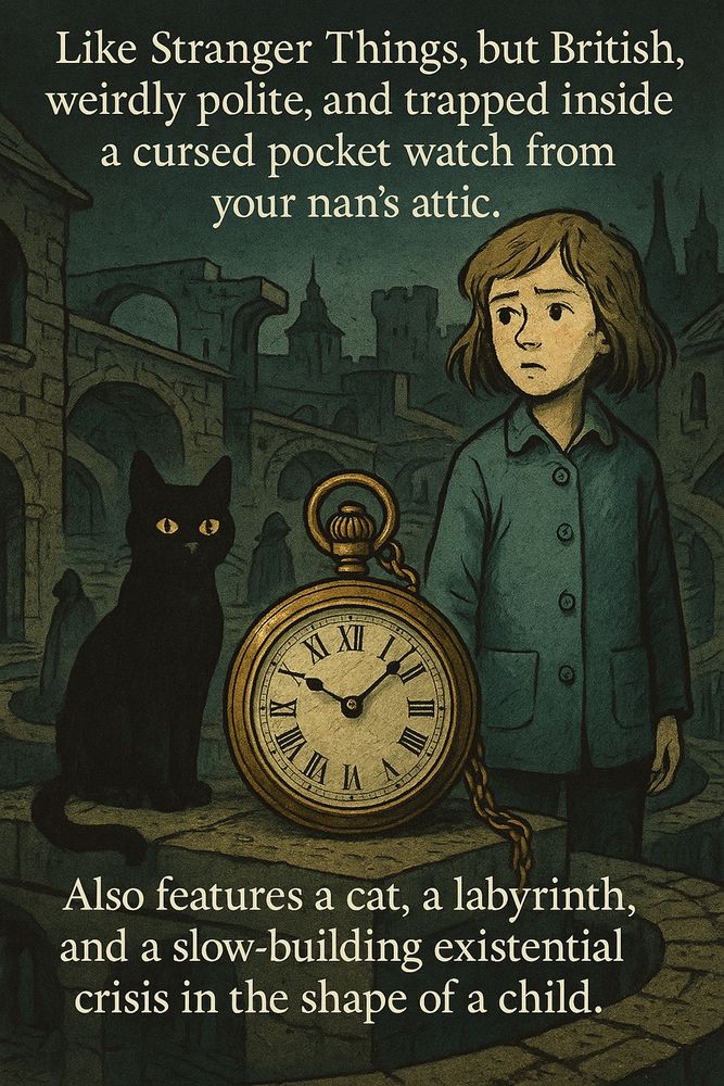 A moody digital illustration of a young girl standing beside a black cat and large pocket watch in a surreal, shadowy maze. The atmosphere is eerie but calm, with British-style politeness suggested in her upright stance and tidy appearance. The background twists with impossible corridors, suggesting both mystery and an existential journey.