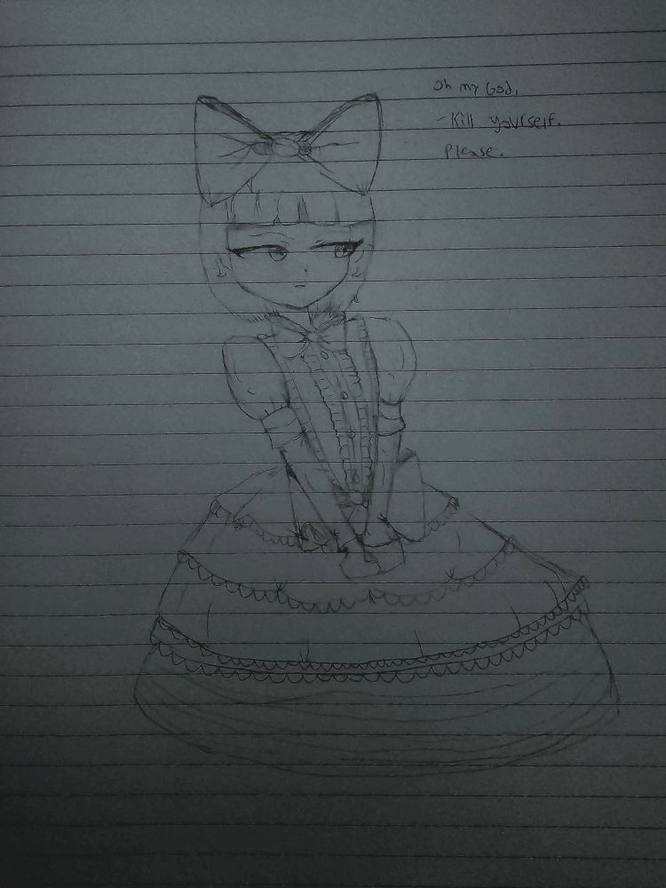 Illustration by Kovee the Clown of Ren in Lolita fashion, sitting down with her hands in her lap. She says, "Oh my God. Kill yourself. Please."