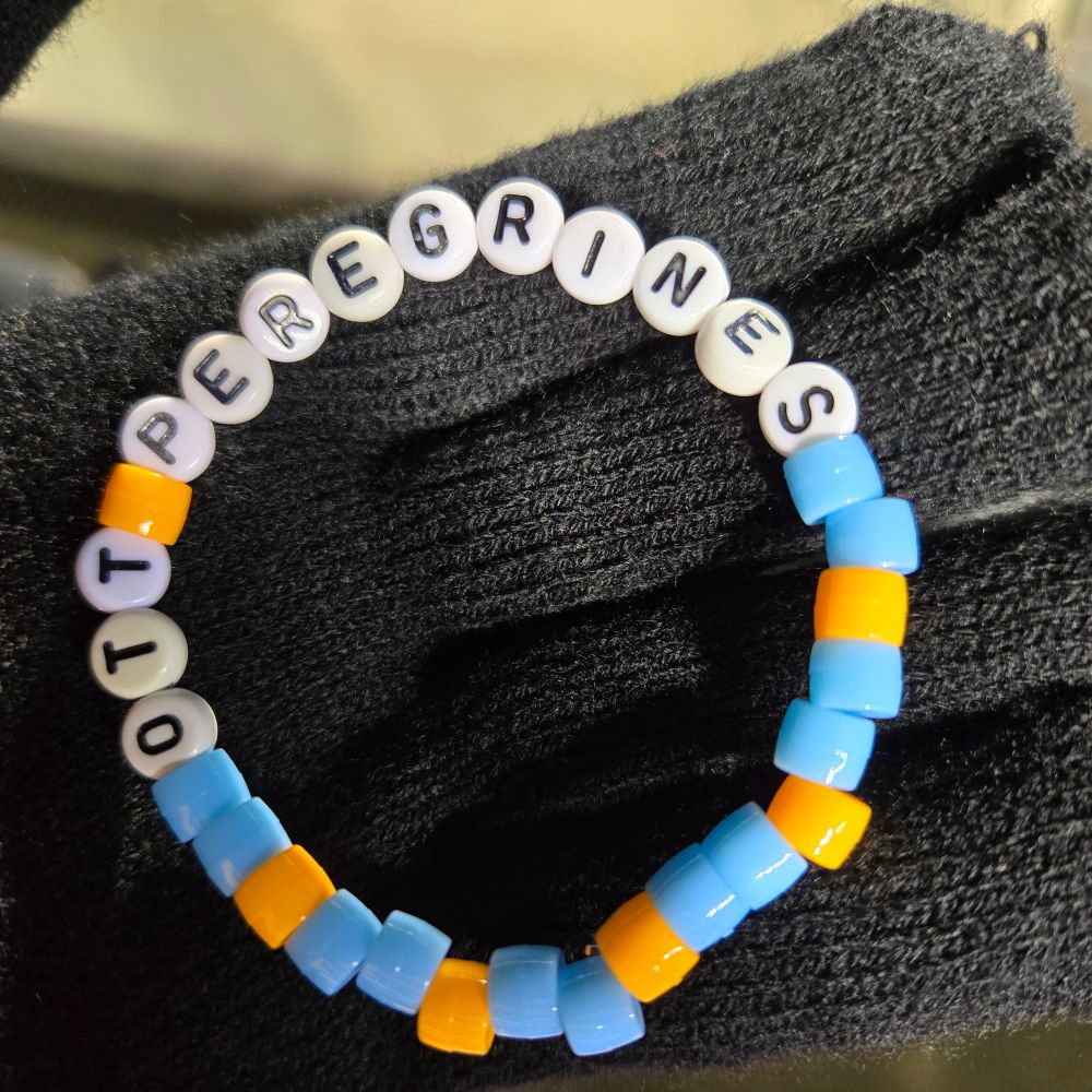 A friendship bracelet with orange and blue plastic beads, the white and black letter beads spell out "OTT PEREGRINES"