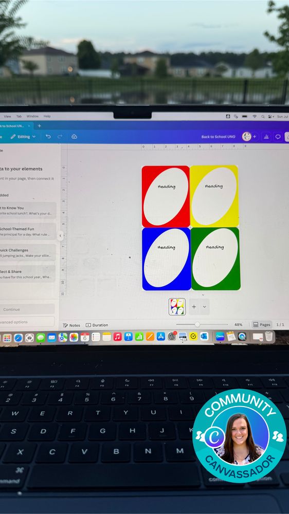 Laptop displaying a Canva design titled “Back to School UNO” featuring colorful editable card templates created using Canva Bulk Create.