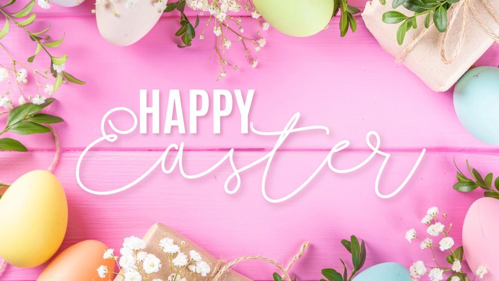 Pink background with with white text that says happy Easter. 