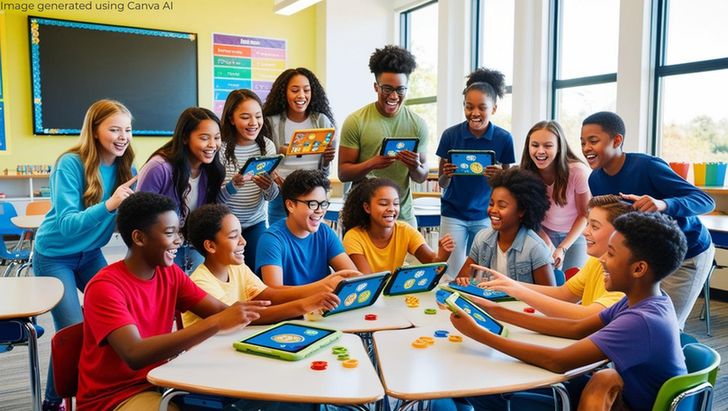 Middle school students gathered around a group of desks in a bright, colorful classroom, actively engaged in a digital review game using tablets. The students are laughing, collaborating, and focused on their screens, which display educational game icons like Blooket and Quizizz. This image showcases technology integration, student engagement, and classroom gamification in action. Ideal for promoting EdTech tools that support collaborative learning. #EdTech #StudentEngagement #GamifiedLearning #Quizizz #Blooket #ClassroomTechnology #EmilyAndEdTech