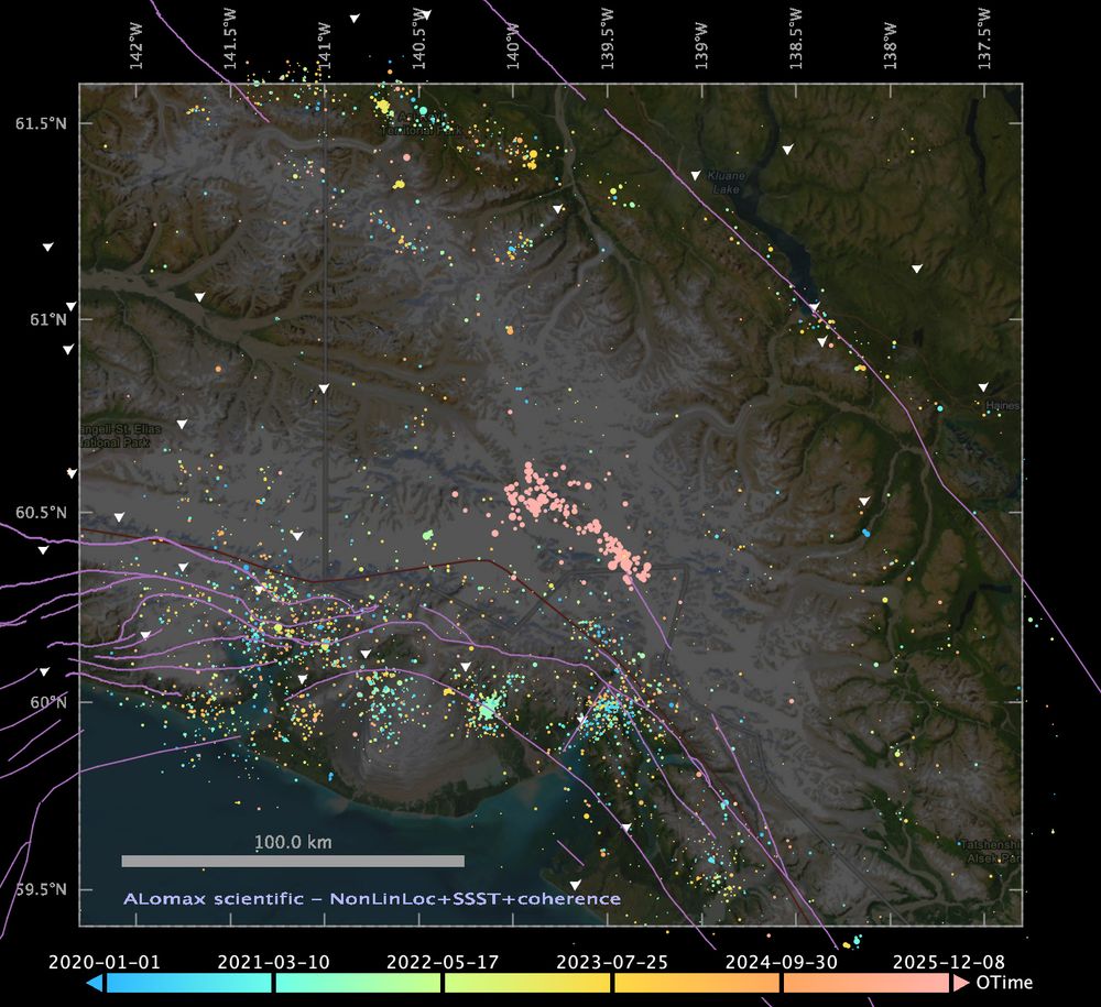 Epicenter map of NLL-SSST-coherence relocated seismicity for the period 2020 to 8 Dec 2025 in the area surrounding the M7 Dec 6 #Alaska #Yukon Hubbard Glacier #earthquake sequence. Purple lines show Quaternary faults from https://www.usgs.gov/programs/earthquake-hazards/faults