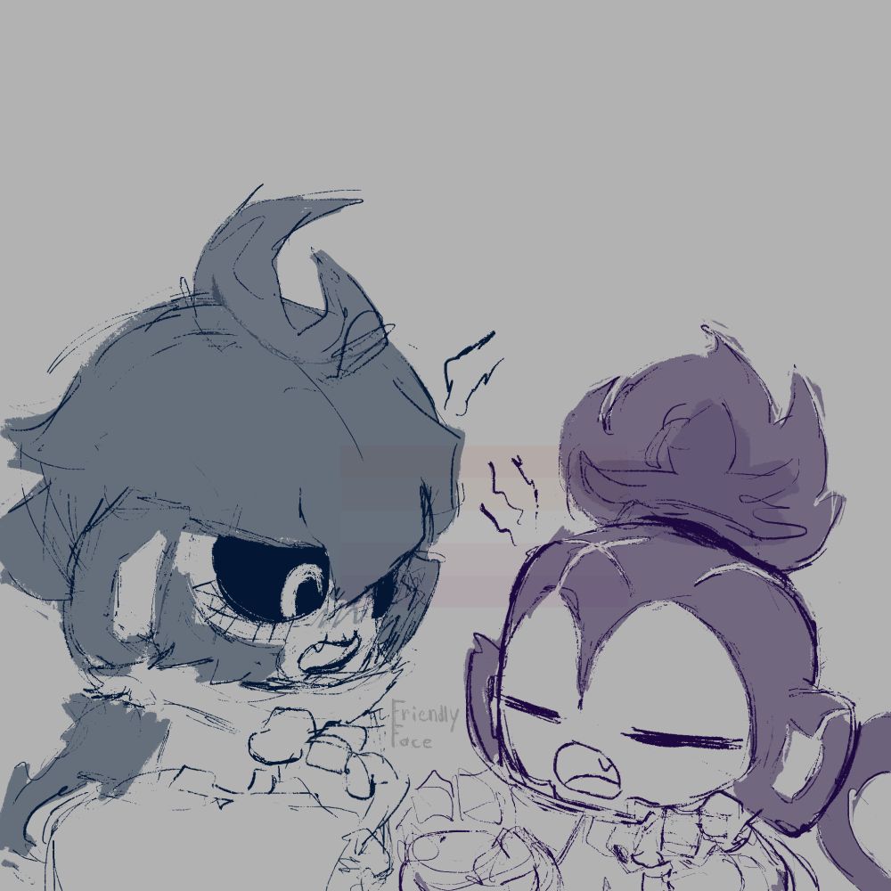 A halfbody sketch of Corvus and Ezili from Bloons/BTD6

Ezili, on the right, has her hands out like a zombie, and is making growling/snarling noises

Corvus, on the left, holds his jacket folded over his right arm and puts his other hand out to mimic Ezili, he also mimics the noises she makes

Signed by Friendly Face