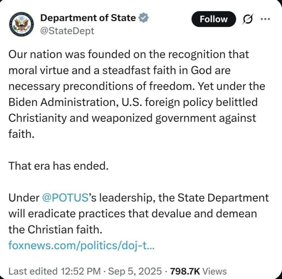 A post by the Department of State accusing the Biden administration of belittling Christianity.