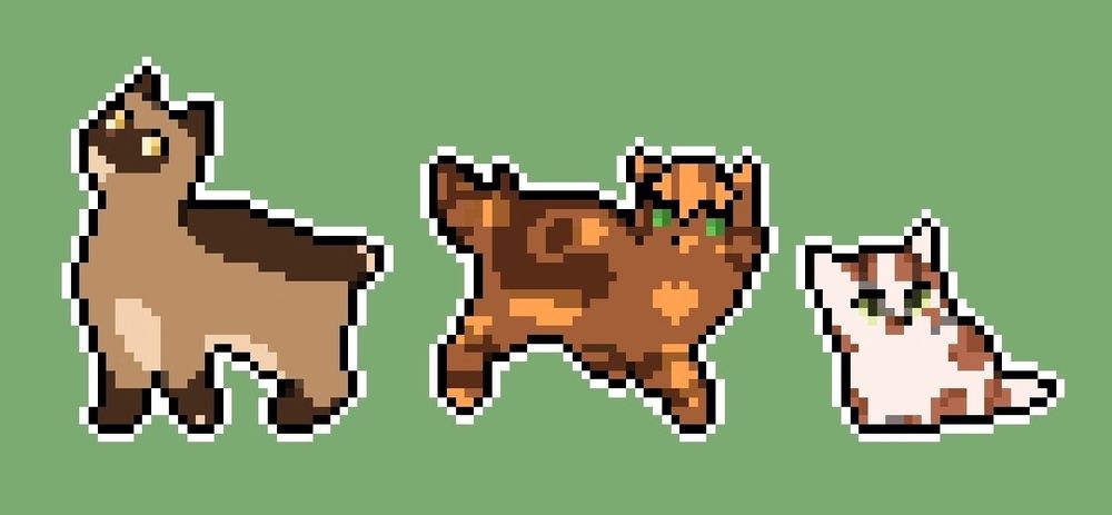 img id: 3 clangen sprites edited to look like the artist's warrior cat ocs. from left to right, it's a brown masked tom with a nub tail and golden eyes, a cinnamon torbie cat with emerald green eyes and a short tail, and a white kitten with cinnamon markings splattered across her body and leaf-green eyes /end id