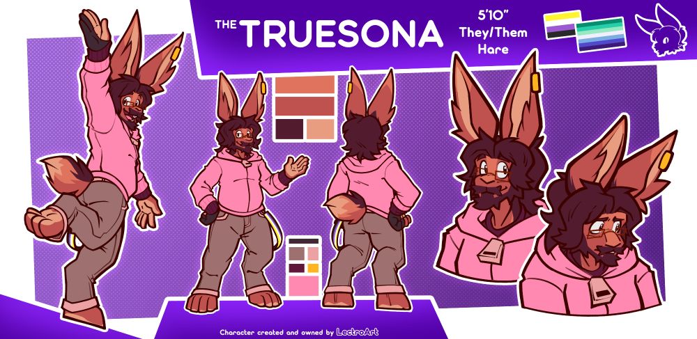 A reference sheet for a character simply titled "The Truesona." In actuality they have a name, but it's just my name, and I'm still not sure if I'm comfortable with sharing my real name too much on the internet.

"The Truesona" is a 5 foot 10 inch tall bipedal hare with digitigrade legs. They have dark brown, medium length hair and two tall ears poking out of their head. Their left ear (our right) has a golden piercing on the outer edge near the tip of it.

They wear a bright pink hoodie with a wine-red long sleeve undershirt. Their pants are a redish-gray pair of jeans with a band displaying the nonbinary pride flag connected between two of their belt loops. They also wear an artists glove on their right hand.

In the middle of the reference sheet is the character standing in basic poses shown from the front and back. To the left of them is an example dynamic pose, showing the character looking back and waving while walking somewhere else, and to the right are two example expressions, one happy while the other sad.