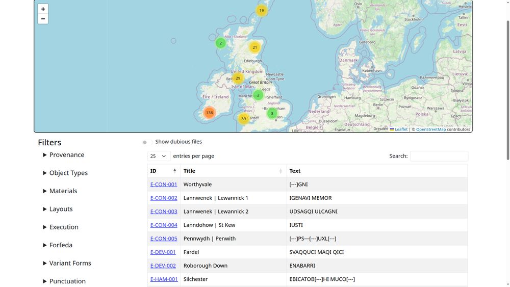 screenshot showing a map of ogham locations (more to add) with search filters and an index of ogham inscriptions below