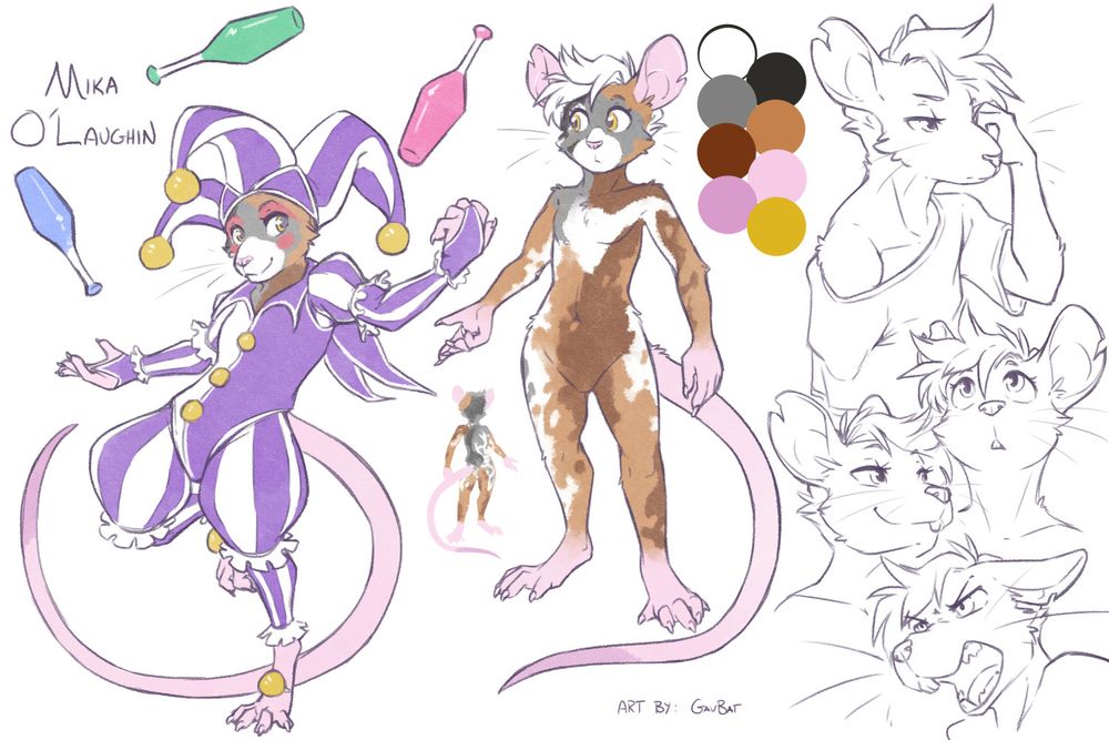 Character sheet for a male anthro mouse.  1: in purple clown gear and makeup, standing on one foot and juggling pins. 2: Standing reference showing piebald markings. 3: a bust and headshots with tired, curious, smug, and angry expressions.