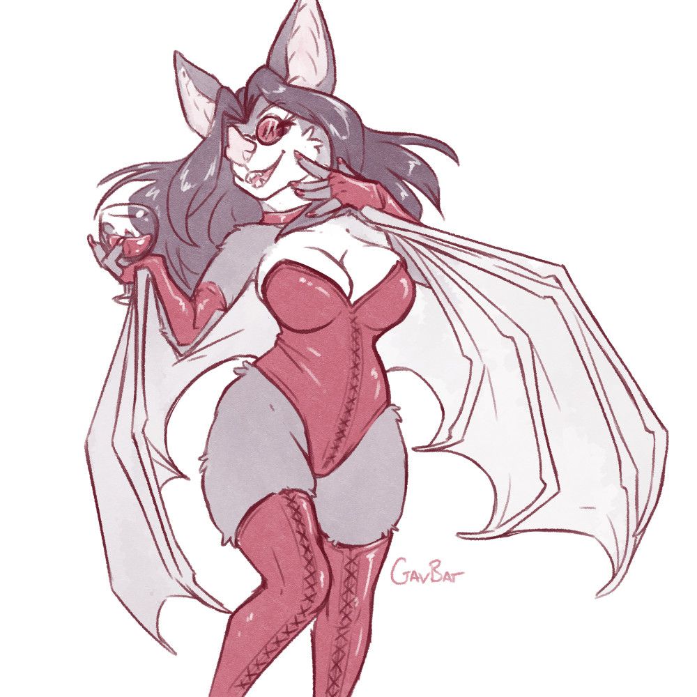 A female anthro bat in red leather corset, gloves, and thigh-high boots, striking a sassy pose with a glass of wine.  Or is it BLOOD?!?