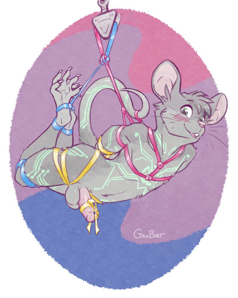 A male anthro mouse with circuitry patterns suspended nude.  He's horizontally arrayed, suspended by pansexual pride-colored ribbons, with a yellow ribbon around his dick, in front of a bisexual pride color backdrop.