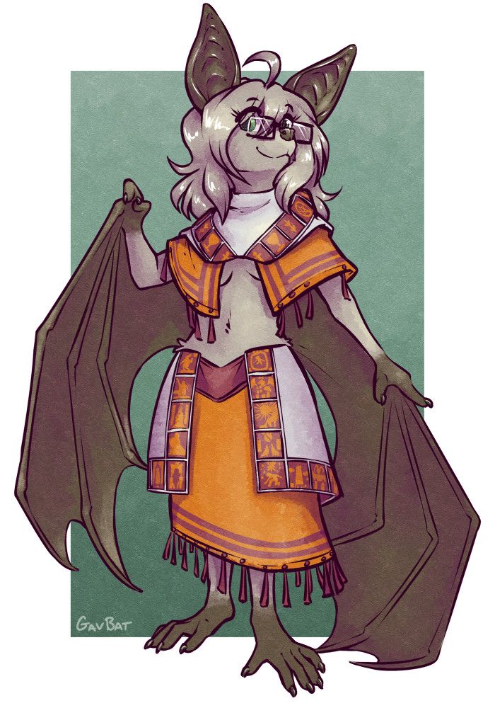 Digital drawing of a female anthro bat wearing a mantle and skirt with subtle tarot theming.