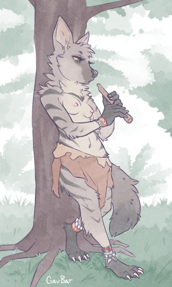 A topless female aardwolf leaning against a tree and playing an end-blown flute.
