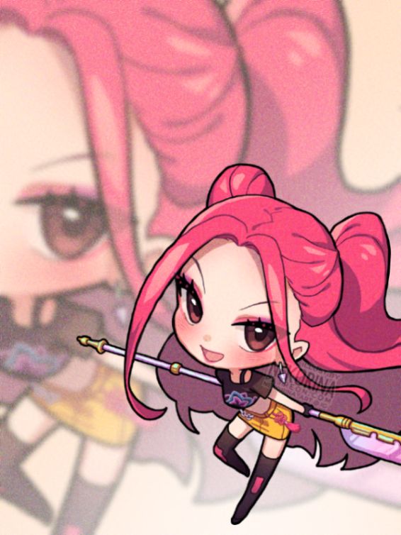 Chibi-style character with pink hair and a playful expression, wielding a spear. Background features a larger, faded version of the character. The character is Mira from the movie KPOP Demon Hunters