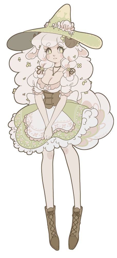 cottagecore witch with fluffy white hair green witch hat, apron and corset, covered in plant leaves