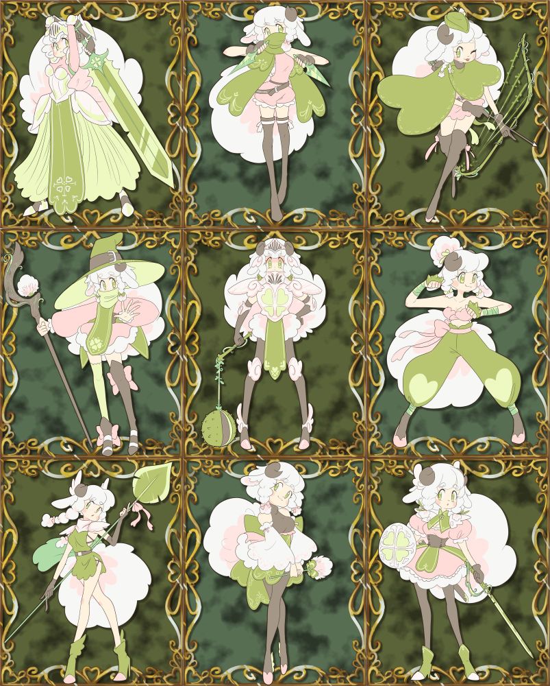 a 3 by 3 grid with gold filigree borders, in each sector of the grid is a character portrayed as a different fantasy game class. Greatsword, Thief, Ranger, Black Mage, Juggernaut, Monk, Dragoon, Cleric, Fighter. all the designs are Clover/Plant theme