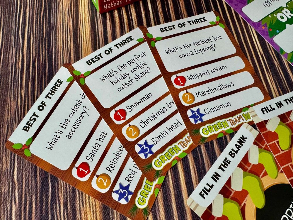 The best of three cards from Green Team Wins Holiday party. One's about cookies, one's about hot cocoa, and one's about how cute dogs can be