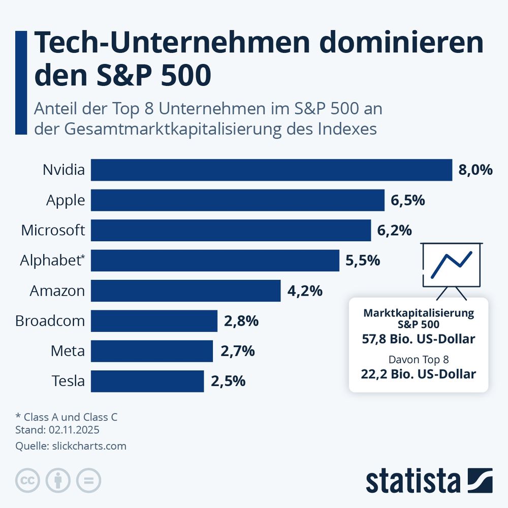 Die statista-Grafik zeigt de Anteil der Top 8 Unternehmen im S&P 500 an der Gesamtmarktkapitalisierung des Indexes.

https://de.statista.com/infografik/amp/35380/bedeutung-von-tech-unternehmen-fuer-den-standard-and-poors-500/