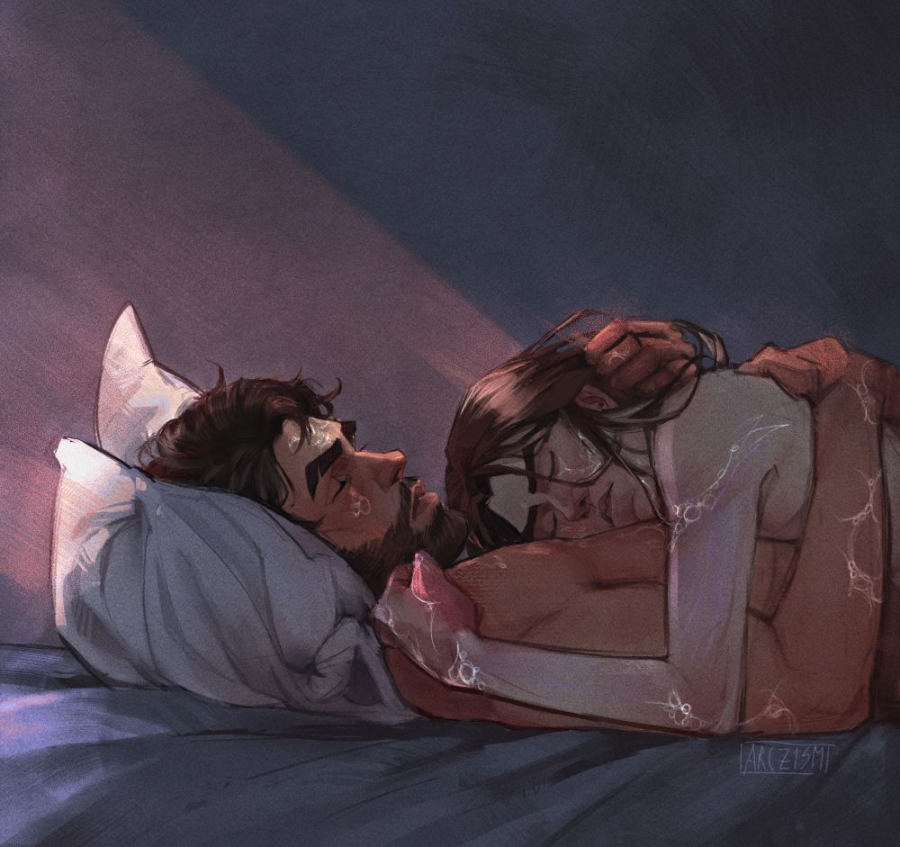 Art of Viktor sleeping on top of Jayce in bed, post-canon. Both are shirtless and covered in glowing hexcorized scars. Viktor lies curled on Jayce’s chest, while Jayce holds him protectively. Soft, angled light falls gently over them