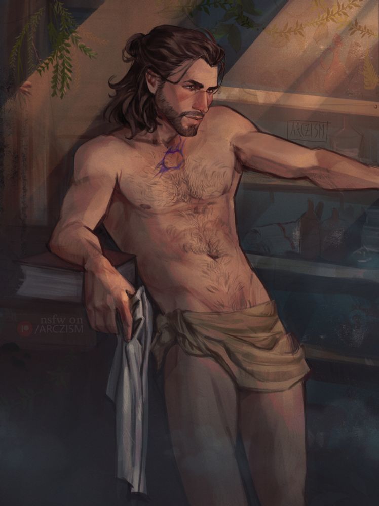 An artwork of Gale Dekarios in his workshop, leaning over the desk. He's half-naked, covered only by a piece of cloth draped over his hips