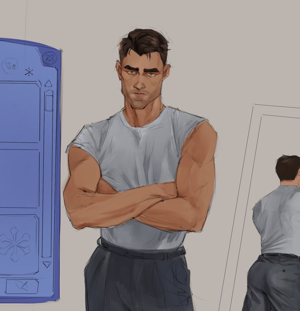 A wip of a drawing of Jayce Talis based on that viral Pedro Pascal photo with the Sims 3 UI on the side