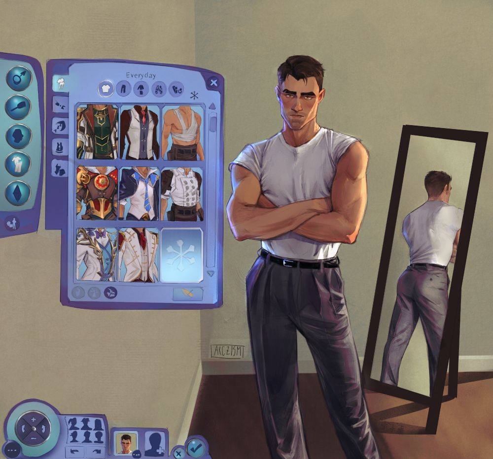 A drawing of Jayce Talis inspired by Pedro Pascal’s recent photoshoot placed in a Sims 3 character creation screen. He wears a white rolled-sleeve T-shirt and gray trousers, standing by a mirror showing his back. The game UI displays various Jayce outfits/skins from the show and game.