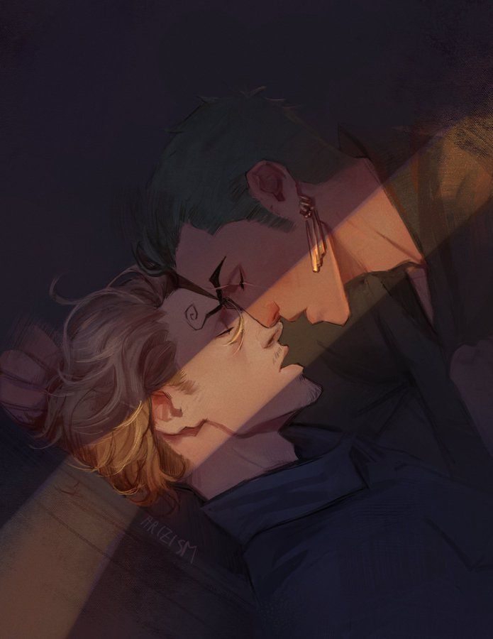 An artwork of Zoro and Sanji bumping their foreheads together. Sanji is pressed to the floor, they’re both breathless, their eyes closed