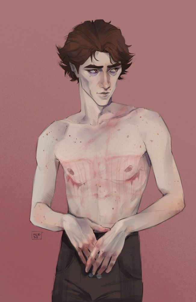 Artwork of trans Viktor (Arcane) shirtless with marks on his body from his corset