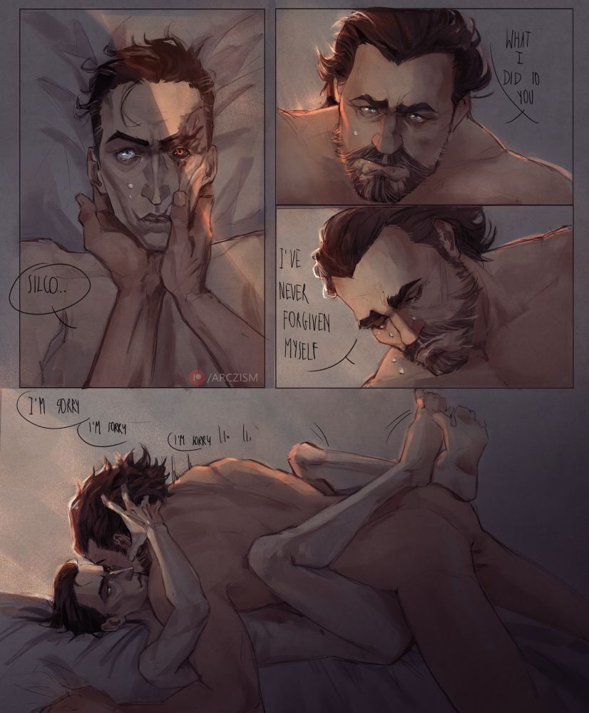 Short comic of canon Vander and Silco having sex.
In the first panel, Vander is cupping Silco’s face. a tear falls onto Silco’s cheek.
On the next two panels, he says, “What I did to you… I’ve never forgiven myself,” as he begins to tear up.
In the final panel, he hides his face in Silco’s shoulder, sobbing “I’m sorry” over and over.