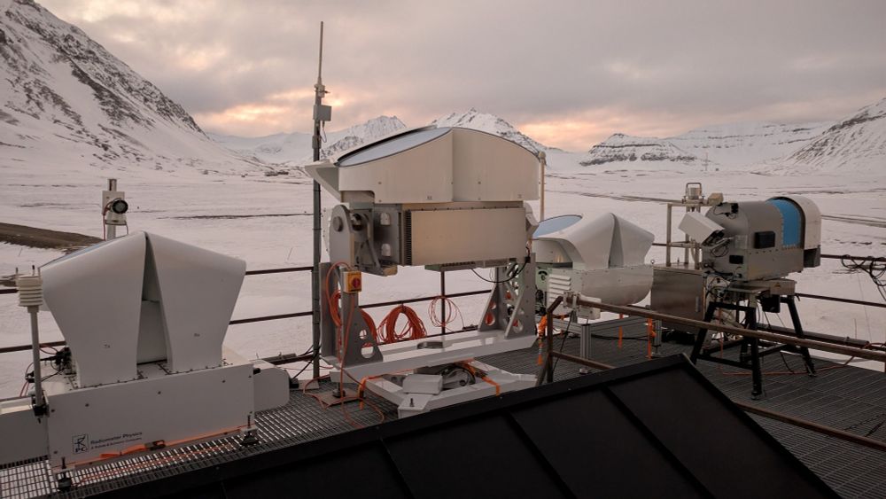 Left to right: W-, Ka-, and G-band FMCW radars and HATPRO radiometer on the rooftop platform of the AWIPEV research base.