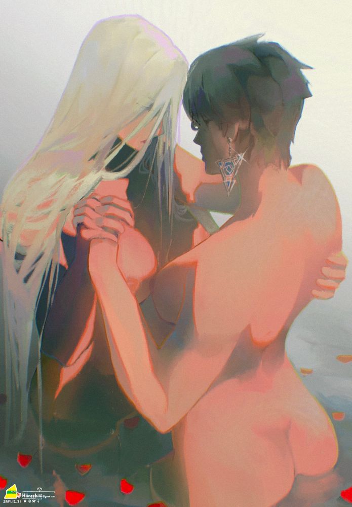 Bayonetta and jeanne holding hands while standing in shallow water with flowers, their tits are touching this is yuri