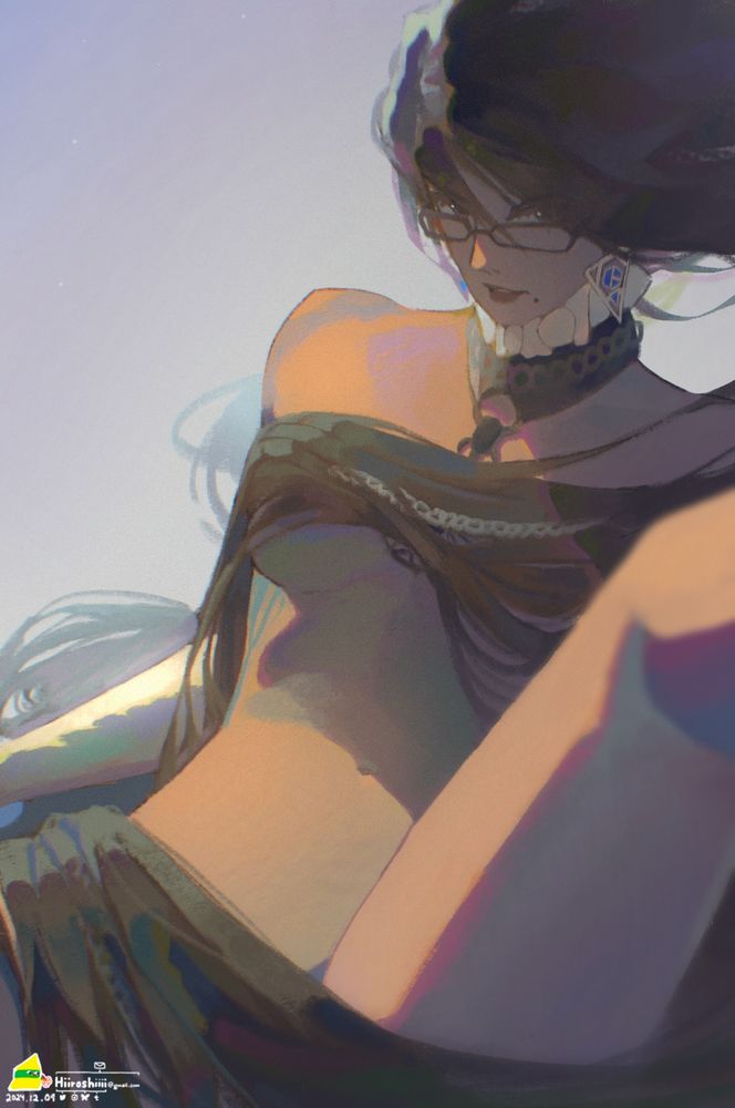Bayonetta laying down one leg up with her hair barely covering her tits and cooch, looking st you with a smirk 