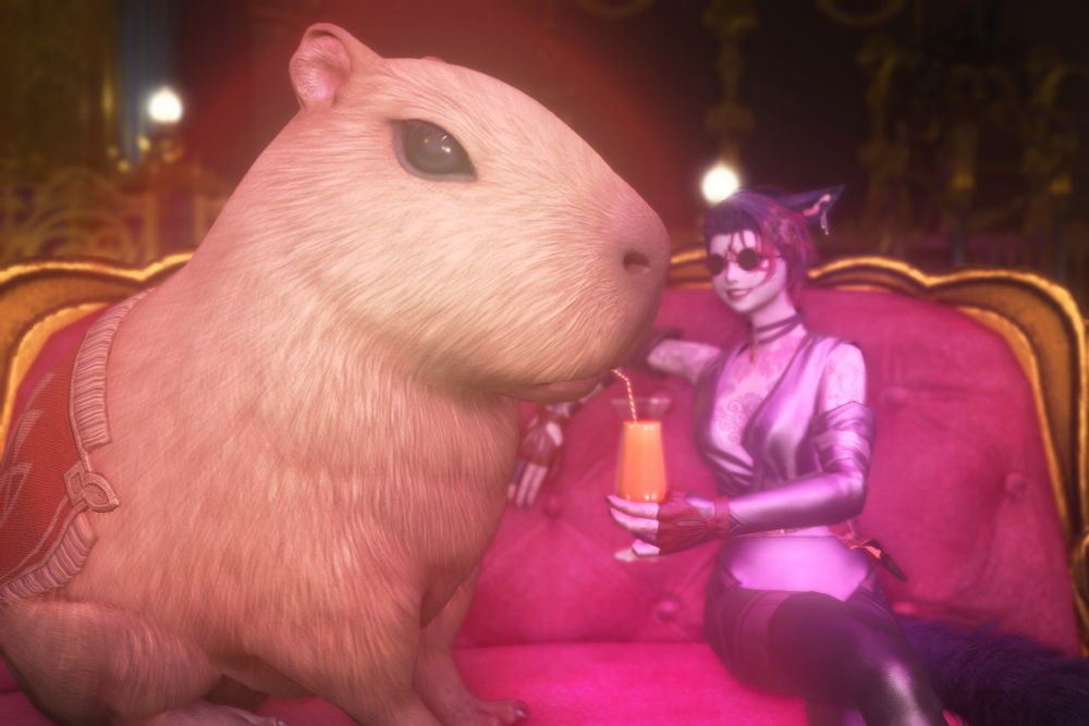 mehr is feeding juice to a bigass capybara on a luxurious couch at da club