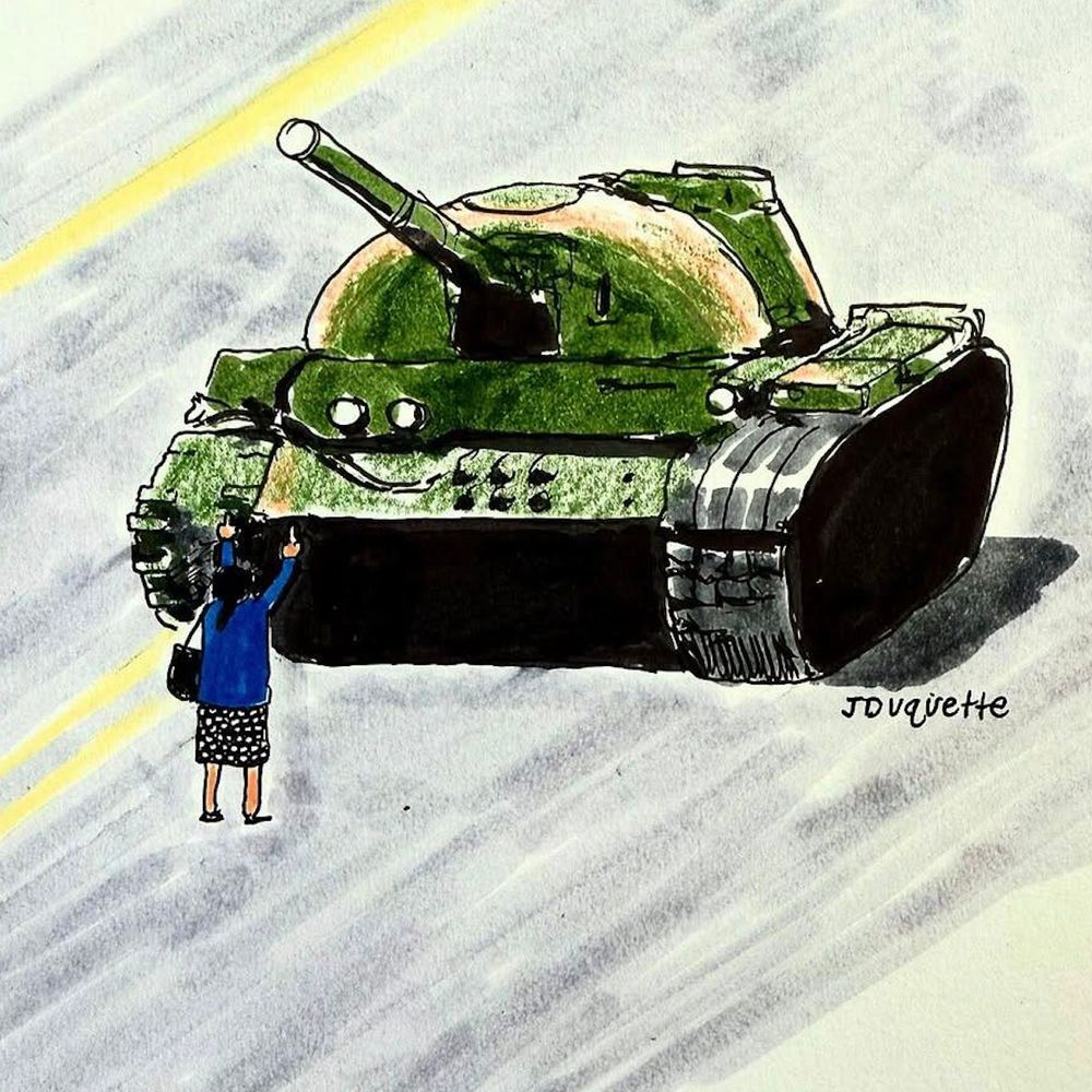 pastel style illustration of a suburban woman in a blue blouse, large black purse and black and white polka dot skirt seen from the back, standing in front of a huge green tank and flipping it off with both fingers... inspired by the famous photo of a similar image from China's Tiananmen Square protests.