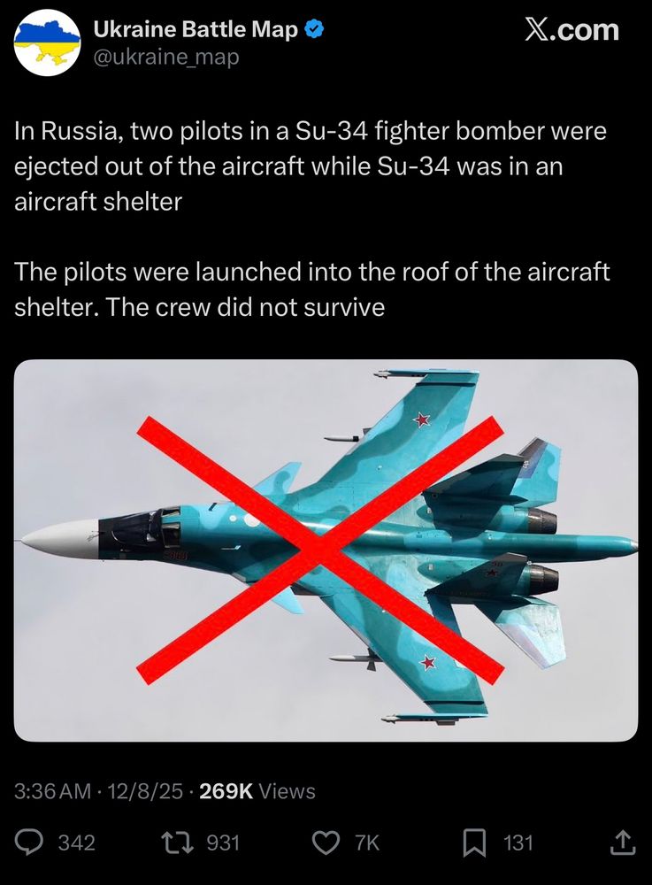 In Russia, two pilots in a Su-34 fighter bomber were ejected out of the aircraft while Su-34 was in an aircraft shelter.

The pilots were launched into the roof of the aircraft shelter. The crew did not survive.