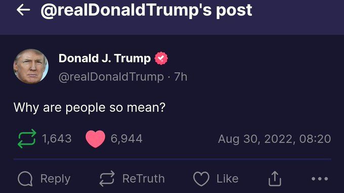 Trump posting online, Aug 30, 2022: "Why are people so mean?"