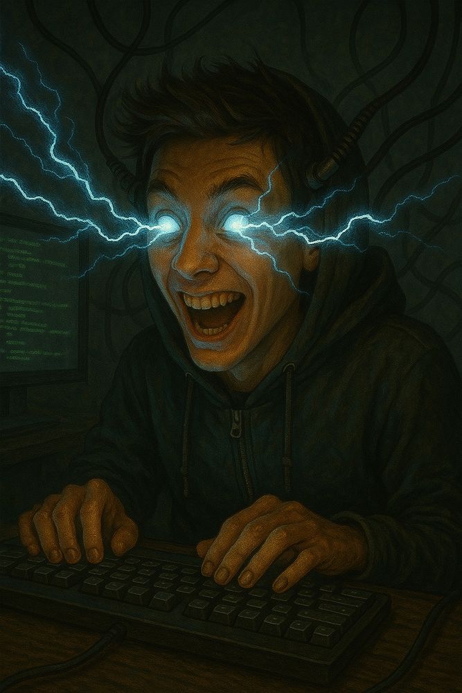 AI-generated image (ChatGPT 4o) of an ecstatic hacker with lightning coming out of his eyes and cables connected to his head, sitting in front of a keyboard.